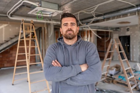 Air conditioning expert standing with crossed arms, looking at the camera, overseeing new hvac