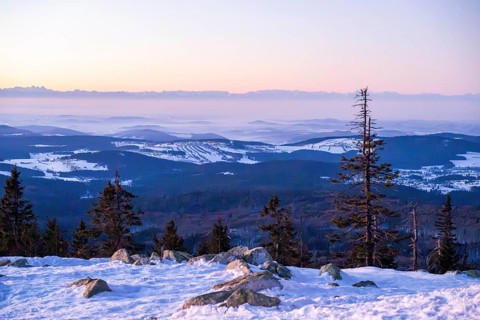 View from Mount Lusen over the hills of the bavarian forest at sunrise in winter, Bavaria, Germany