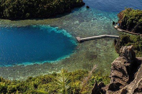 From above, this breathtaking drone shot captures the lush, vivid coastal scenery of Raja Ampat in