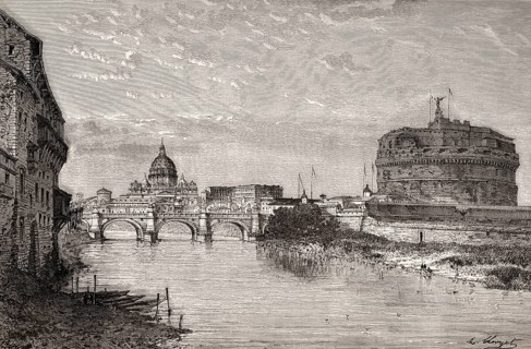 Scenic view of Ponte Sant'Angelo and Castel Sant'Angelo, Rome, Italy, 19th Century