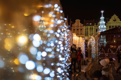 WROCLAW, POLAND - DECEMBER 08, 2018: Christmas fair in the market square of Wroclaw. Decoration and