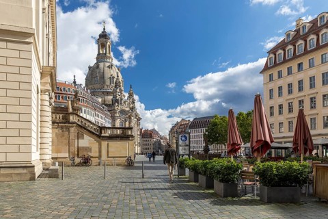 Staircase from the Transport Museum and Church of Our Lady with Neumarkt, Dresden, Saxony, Germany