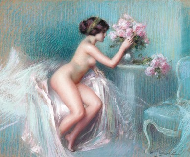Arranging Summer Blooms (c. 1900) is a well-known work by the French academic painter Delphin