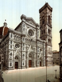 The Cathedral and the Campanile, Florence, Italy, Historical, digitally restored reproduction from