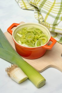 Leek, leek sticks and leek rings in a bowl