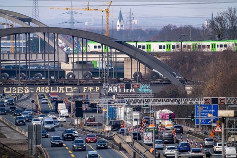 Traffic jam on the A43 motorway near Herne, heading north, in front of the barrier system, the