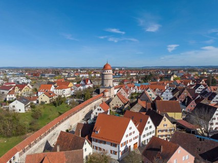 Aerial view of the historic old town of Nördlingen with the completely comprehensive and accessible