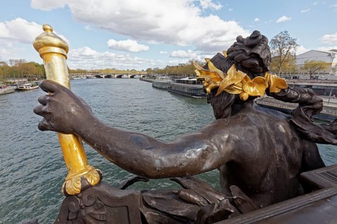 Goddess of fame with sceptre on Pont Alexandre III across the Seine, Beaux Arts style renown,