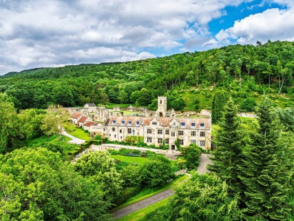 Mount Grace Priory, House and Gardens from a drone, East Harlsey, North Yorkshire, England, United