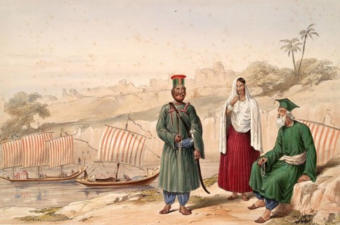 Three people in historic clothing with a river and sailboats in the background on a shore