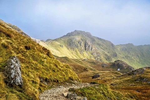 Pyg Track over Llyn Llydaw lake, Pen-y-Pass, mountain pass, Snowdonia, Gwynedd, north-west Wales,