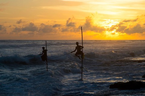 Silhouetted stilt fishermen practice their traditional craft against the backdrop of a breathtaking