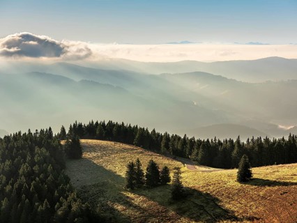 View from the summit of the Belchen (1414m) over the hills of the Black Forest to the Swiss Alps in