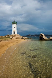 Lighthouse with beach and bizarre granite rocks, Spiaggia Porto Faro, Faro di Punta Palau, Palau,