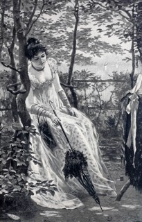 Young woman with umbrella sits in the park, sentimental, sad, around 1880, Germany, digital