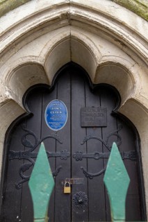 Entrance door, clock tower, Hay-on-Wye, Wales, Great Britain