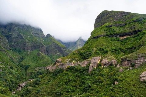 Landscape with mountains and fog, Drakensberg National Park, KwaZulu Natal, South Africa