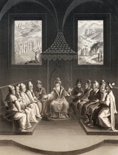 The Pharisees plan to kill Jesus Christ, New Testament, steel engraving 1853, digitally restored