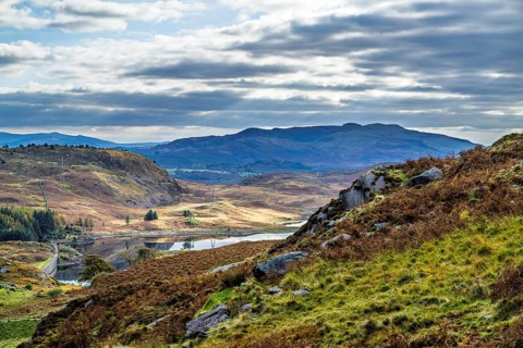 Autumn colors over Mountains and Llyn Cwmorthin Lake, Cwmorthin Terrace, North Wales, UK