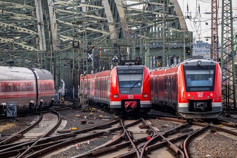 Railway in front of Cologne Central Station, Hohenzollern Bridge across the Rhine, ICE