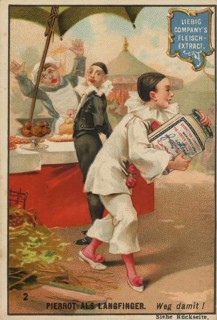 Series Stories of Pierrot, as thief, long finger, carries away the Liebig glass, Liebig picture,