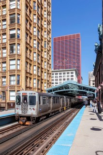 Chicago L Elevated elevated metro railway public transport at the Library stop in Chicago, USA