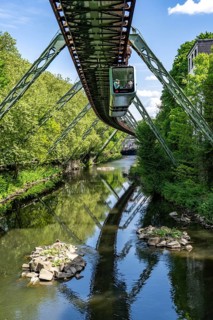 The Wuppertal suspension railway, train of the latest generation 15, floats above the Wupper, North