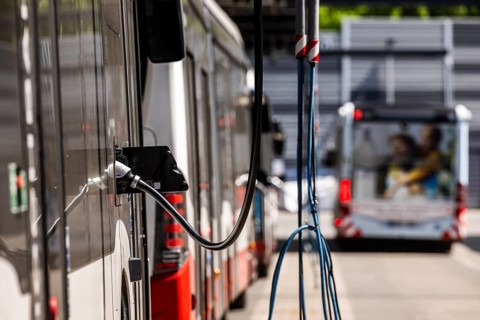 Electric bus charging at Hamburger Hochbahn AG - Busbetriebshof Alsterdorf, Hamburg, Germany