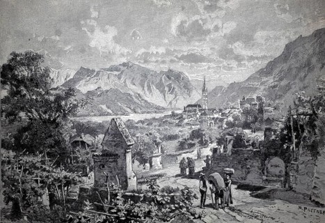 View of Kaltern and Lake Kaltern in South Tyrol, around 1890, Italy, illustration, reproduction