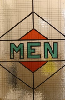 Vintage style stained glass Men, mens pub toilets, Liverpool, Merseyside, England, UK