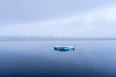 Small iceberg floating on mirror-like water surface, snow-covered coast in fog in the background,