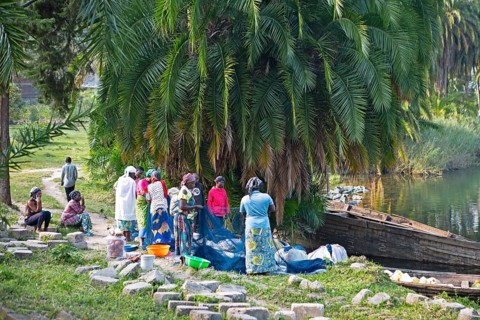Rwandan men and woman free fishing nets from fish on the shores of Lake Kivu or Lake Kivu, Kibuye