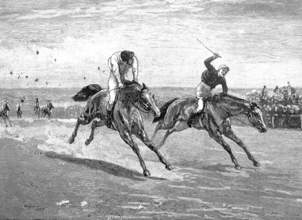 Horse racing, gallop racing, two jockeys with their horses in a duel in front of the finish line,