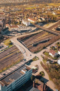 Urban area with bridge and traffic routes near railway tracks, Mühlacker, Enzkreis, Germany