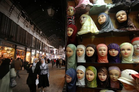Damascus, Syria. November 2nd 2007 Hijab the Muslim headscarf for sale in Souk al Hamadiyya