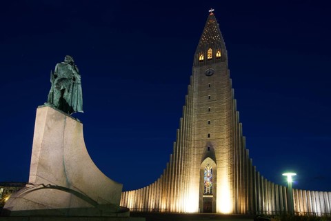 Iceland, Hallgrimm Church at night, Europe, Reykjavik