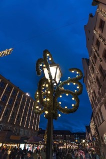 Decorated street lamp at the Christkindlesmarkt, Nuremberg, Middle Franconia, Bavaria, Germany