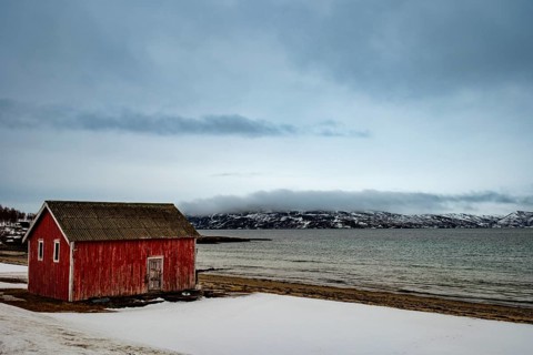 Red wooden cabin on the beach, Senja island, Troms, Norway
