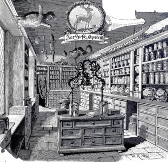 A pharmacy in 1890, Germany, illustration, reproduction from a model from the 19th century.