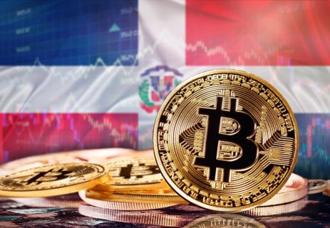 Bitcoin with Dominican Republic flag in the background. Investors in cryptocurrency and Blockchain