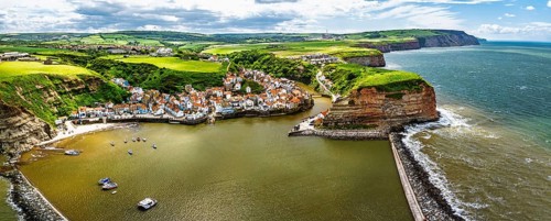 Staithes Village from a drone, North Yorkshire, North York Moors National Park, England, United