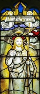 Detail of stained glass window Resurrection by Burlison & Grylls c 1880, Kelsale church, Suffolk,