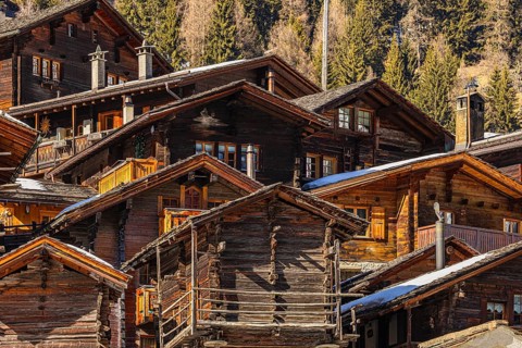 Old Farmhouses and Stadel Reservoir, Historic Town Center, Grimentz, Val d'Anniviers, Valais Alps,