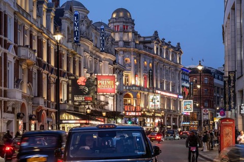 London, UK. February 25th 2026. Bright lights of Shaftsbury Avenue at night, a popular West End