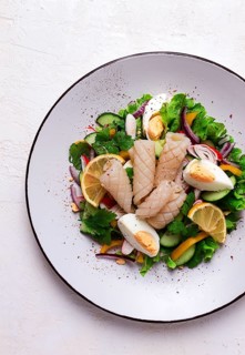 Salad of squid and vegetables, with egg, homemade, no people
