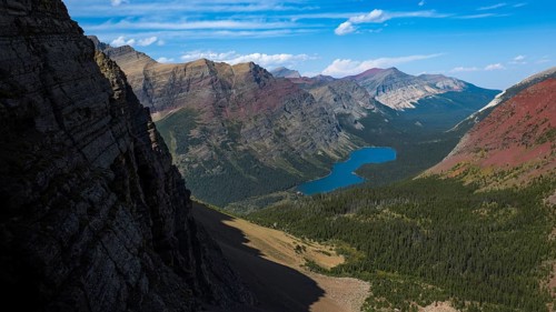Stunning view of Glacier National Park, Montana, highlighting the rugged, mountainous terrain and