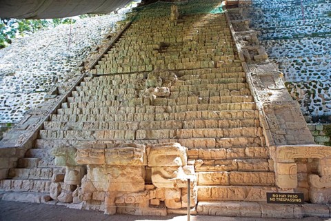 Hieroglyphic staircase at Copán archaeological site, Mayan ruined city in the rainforest or jungle,