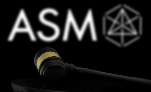 Court gavel in front of the ASM logo. ASM International N.V is a Dutch headquartered multinational