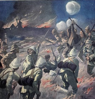 1st World War, night attack by German troops on a fortified British position near Langemarche