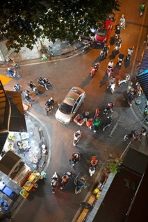 Mopeds in the old town at night, bird's eye view, Hanoi, Vietnam